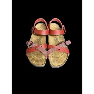 Birki's Birkenstock Lillie Ankle Strap Red Linen Sandals 37 N / Womens 6 Mens 4